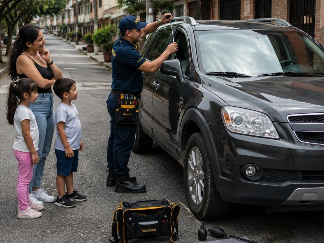 Técnico de cerrajería revisando herramientas para un servicio en Medellín